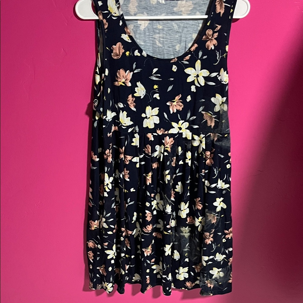 Floral Sleeveless  Dress - Navy and White